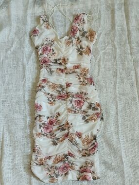 White Floral Ruched Mini Dress with Pink Rose Print